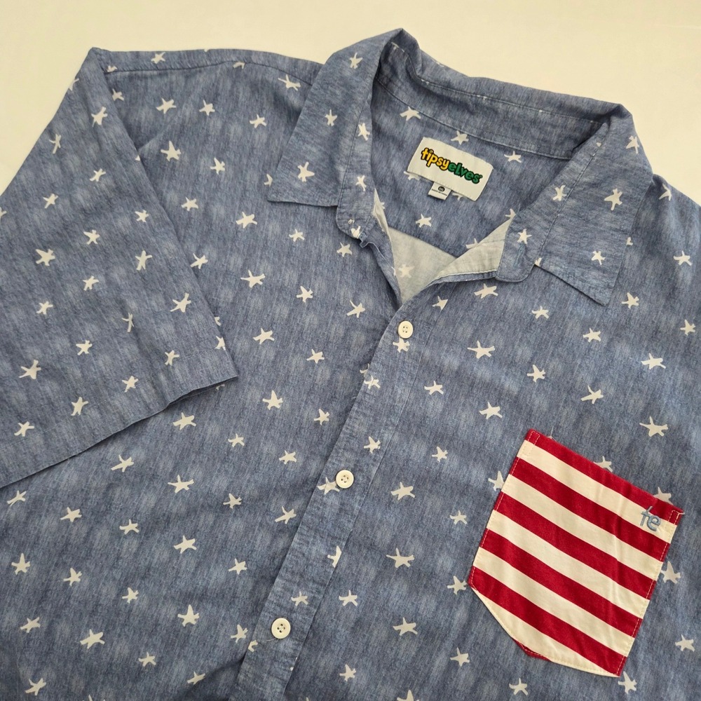 Tipsy Elves Button Up Shirt Blue Patriotic Star Print Americana Mens‎ 3XL
